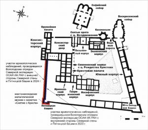 Схема Архиерейского двора (Вологодского кремля) с указанием участка исследований и места находки